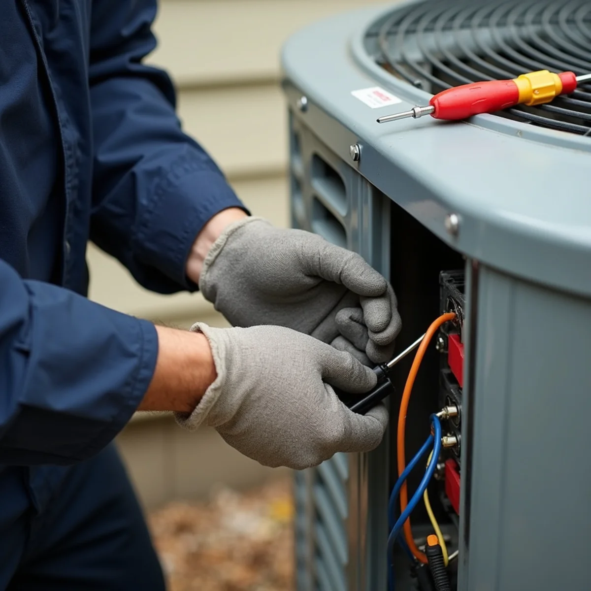 HVAC technician replacing a failed capacitor on an AC unit in Burlington, NC