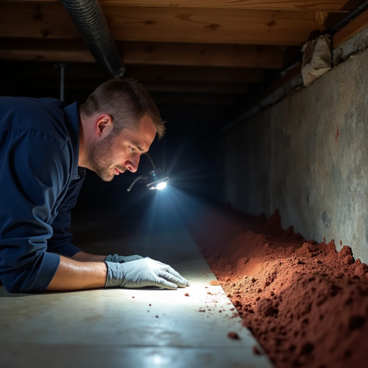 HVAC contractor inspecting crawlspace ductwork under a home in Alamance County, NC