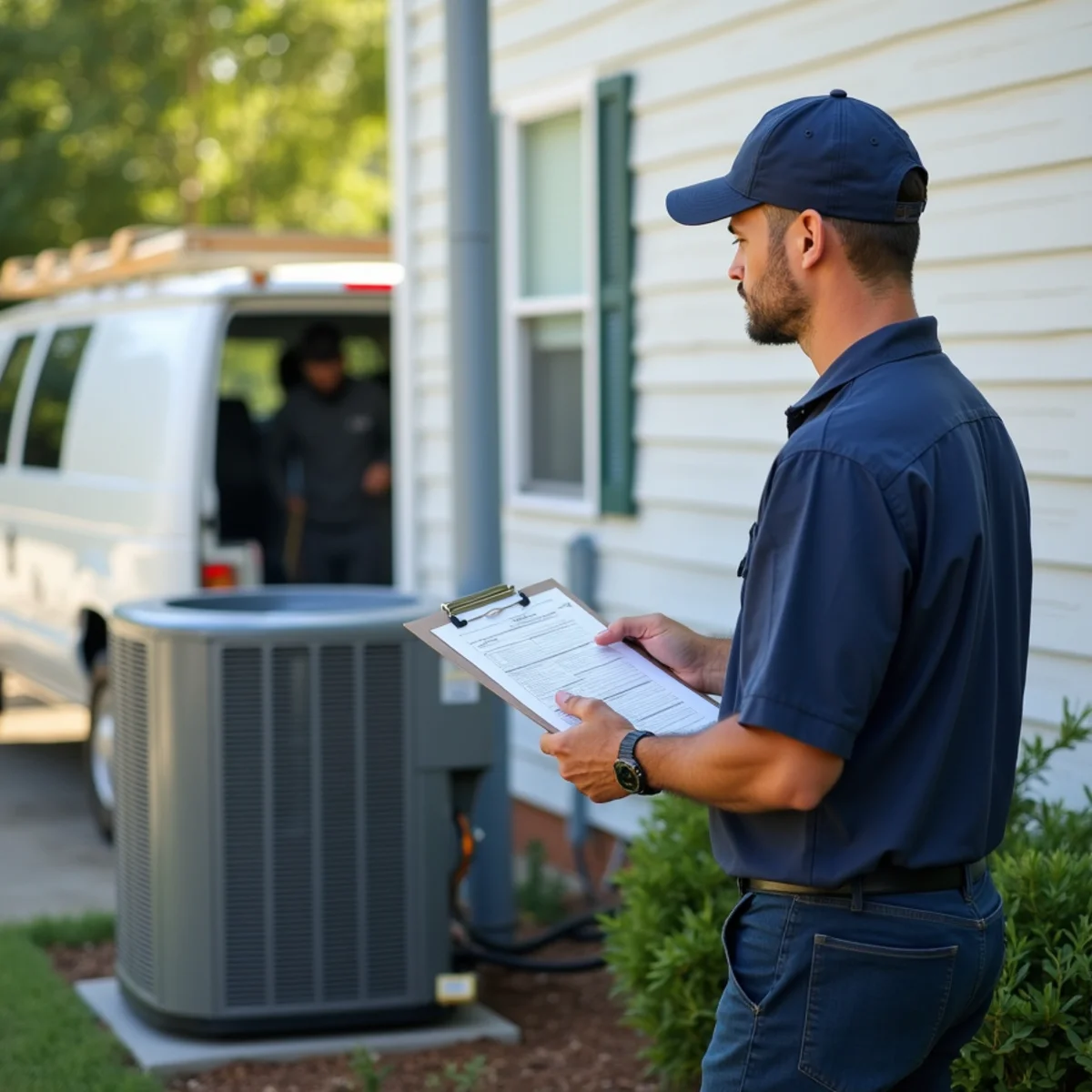 Building inspector reviewing a newly installed HVAC system beside a home in Graham, NC