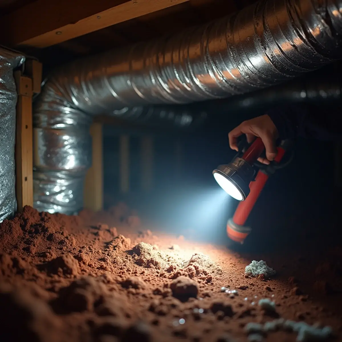 Flashlight view of condensation on insulated ductwork above a plastic vapor barrier in an Alamance County, NC crawlspace