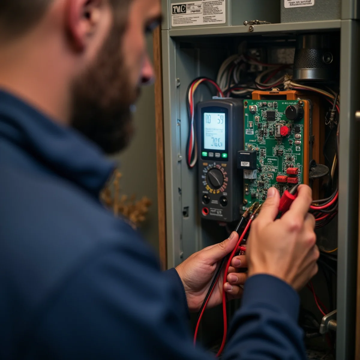 Technician testing a gas furnace control board and limit switch with a multimeter in Burlington, NC