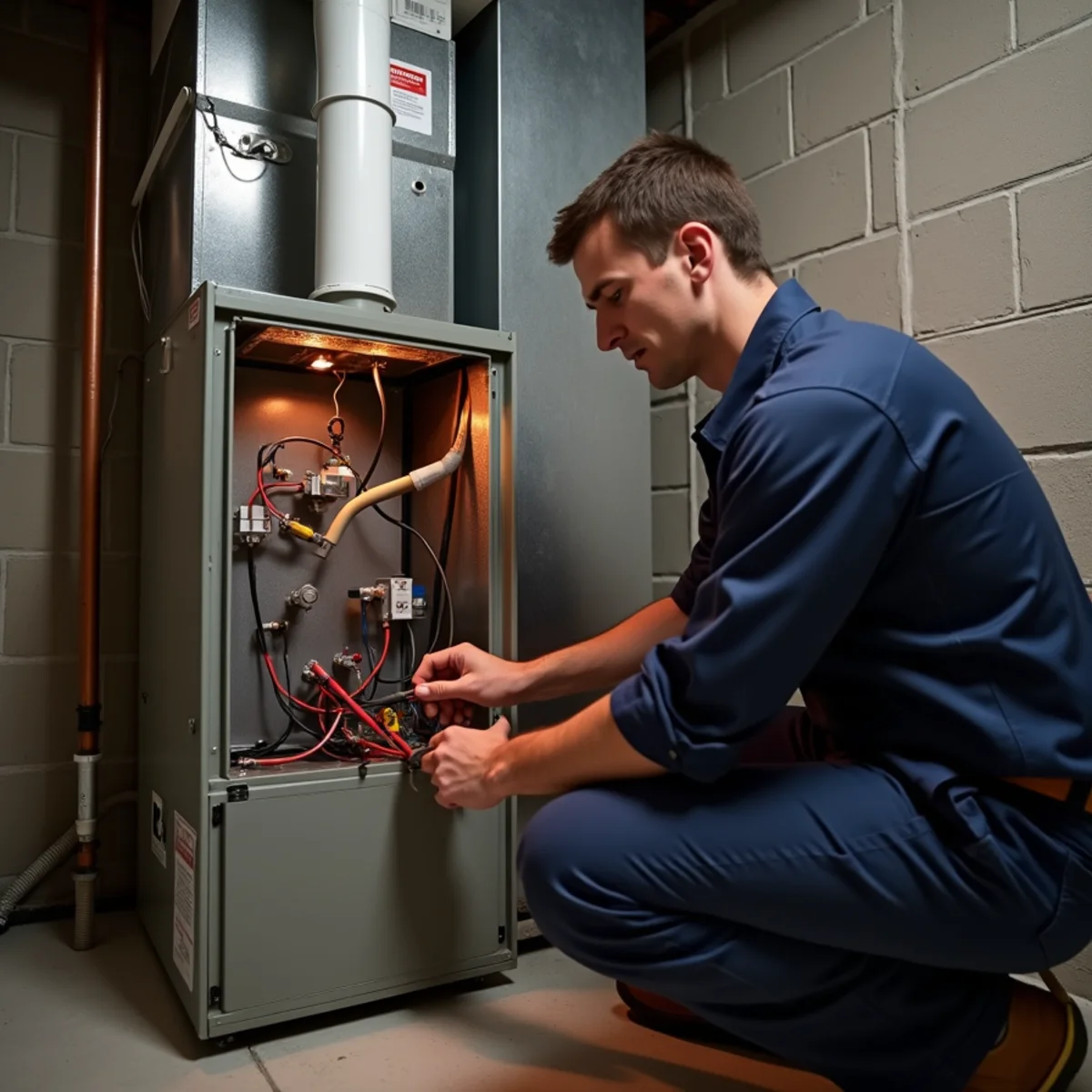 Technician testing a hot surface igniter inside an open gas furnace cabinet in a Burlington, NC basement