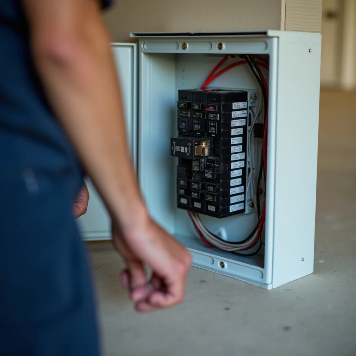 Tripped HVAC breaker in a home electrical panel in a garage in Burlington, NC