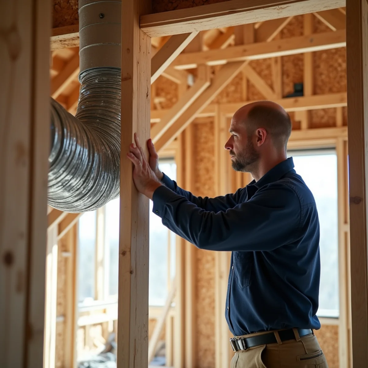 Framed new home under construction near Mebane, NC with flex ductwork and a supply plenum visible in the attic