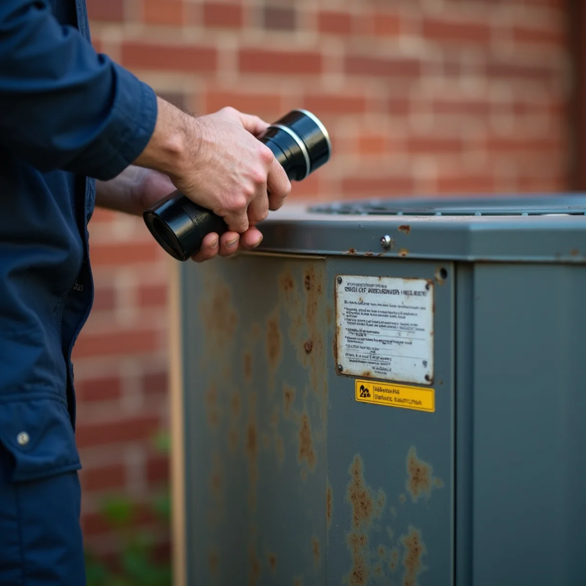 Technician checking the data plate on an older heat pump to find its age in McLeansville, NC