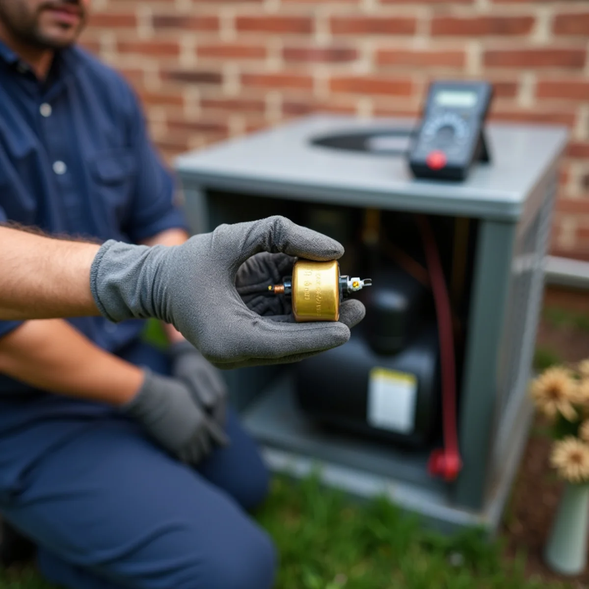 Technician holding a failed run capacitor beside an open heat pump showing the compressor in Burlington, NC