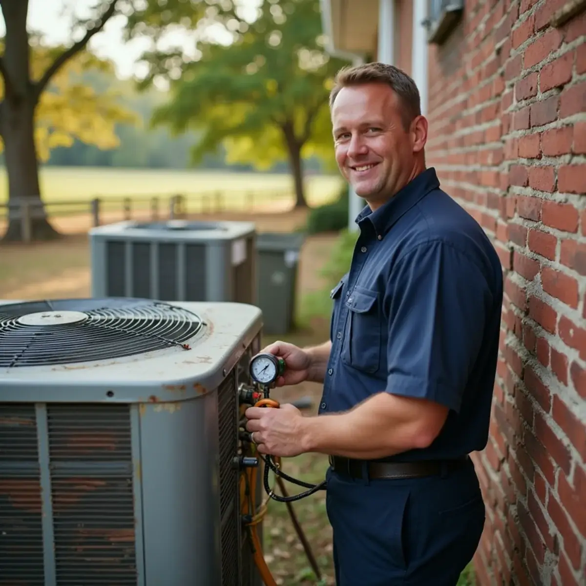 HVAC technician testing an aging outdoor heat pump beside a brick home in McLeansville, NC