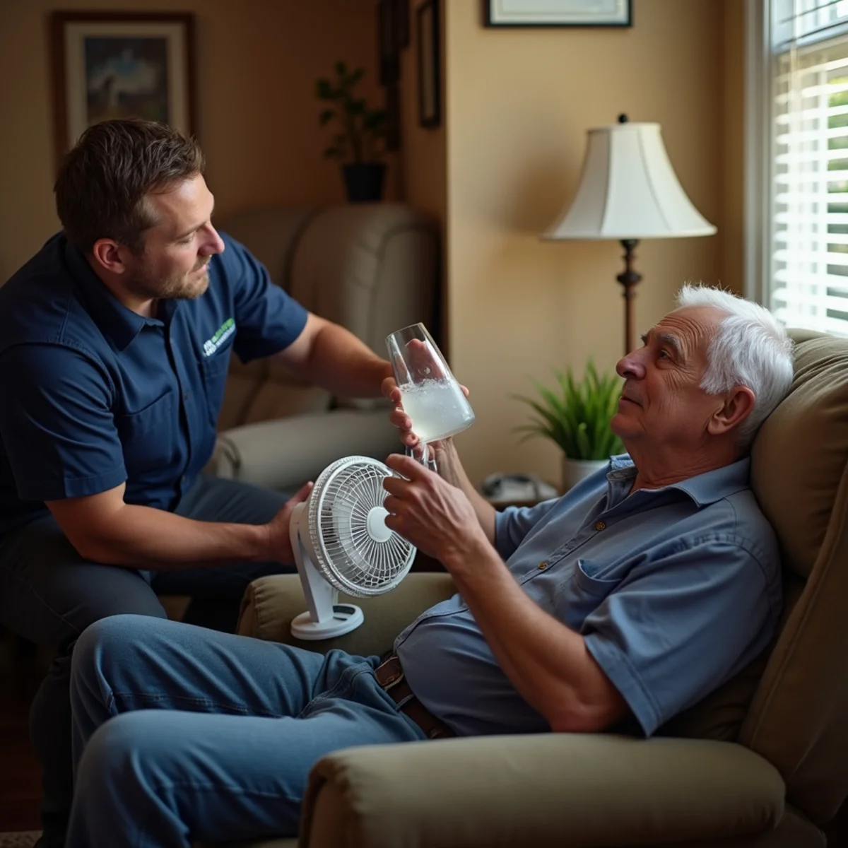Older homeowner resting in a cool living room while a technician checks the thermostat in an Alamance County, NC home