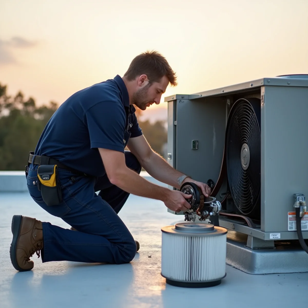 HVAC technician replacing a blower belt on a restaurant rooftop unit in Burlington, NC
