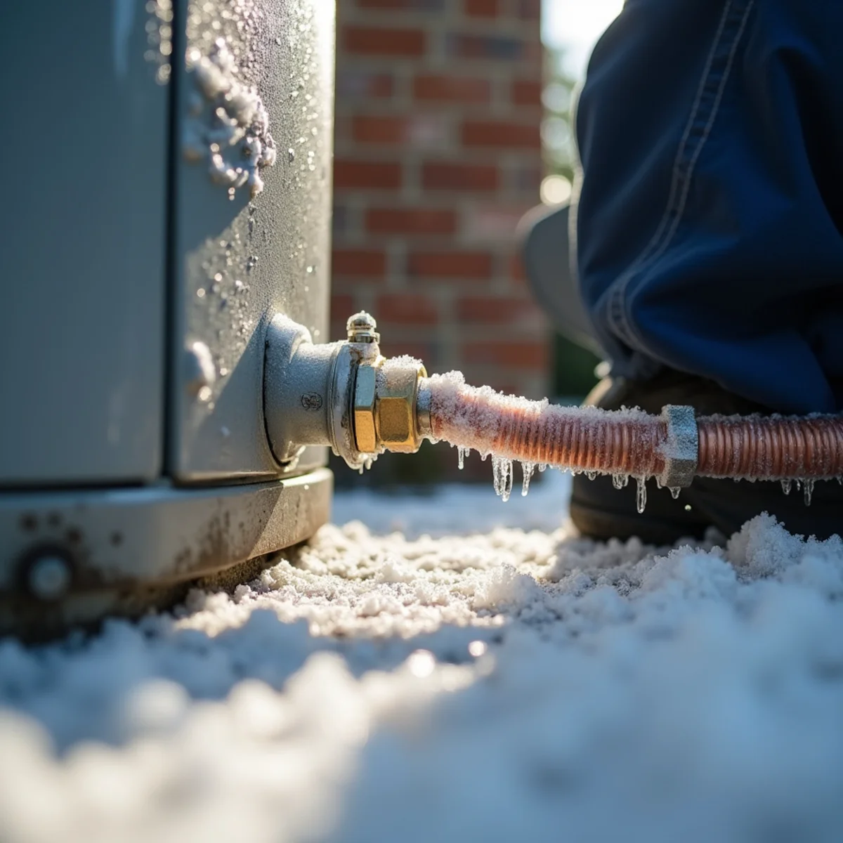 Ice on the copper suction line of an air conditioner needing emergency AC repair in Burlington, NC