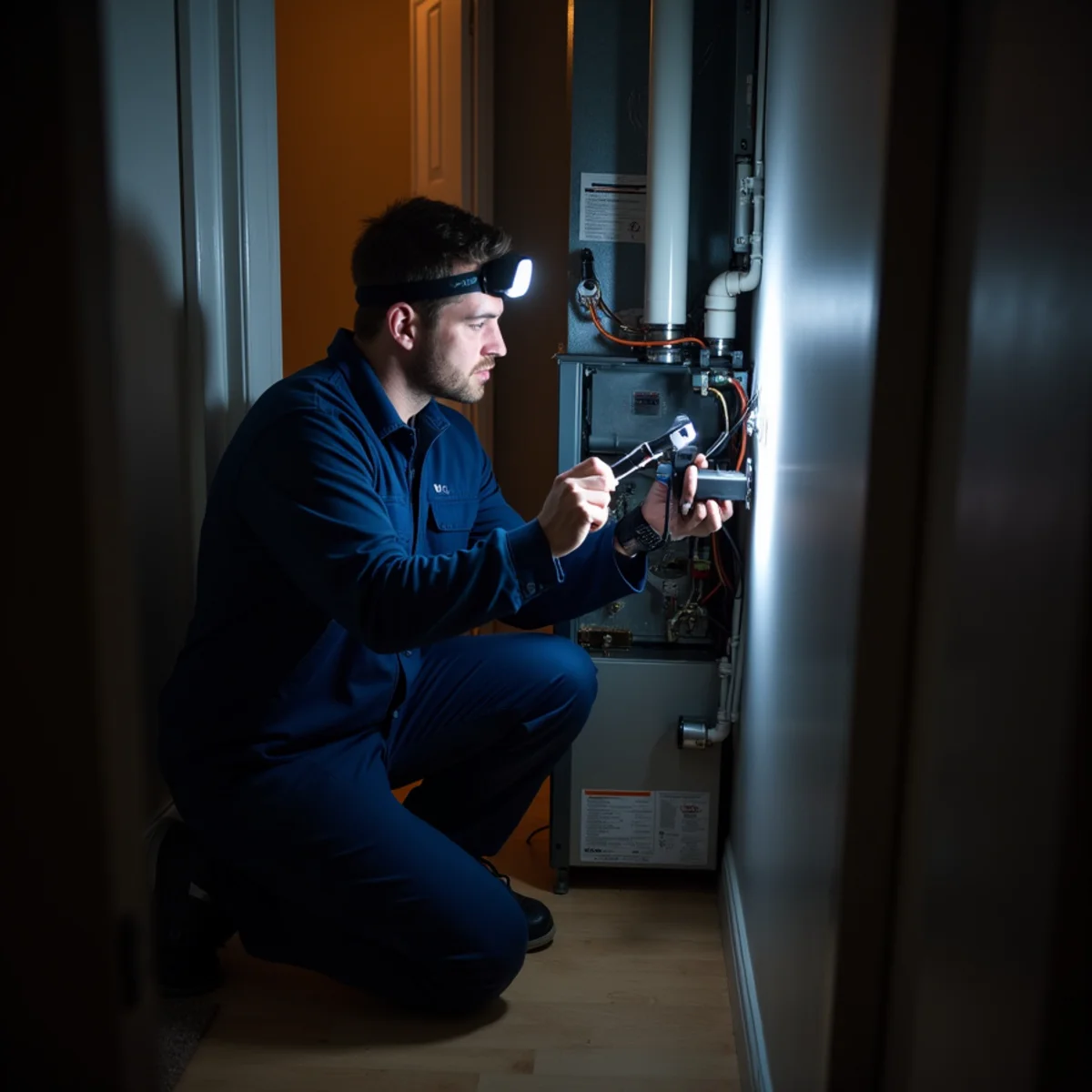 HVAC technician diagnosing an emergency repair by headlamp at night in Burlington, NC