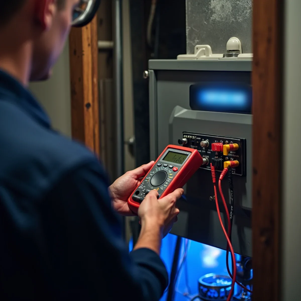 HVAC technician testing a gas furnace control board and burners in Burlington, NC