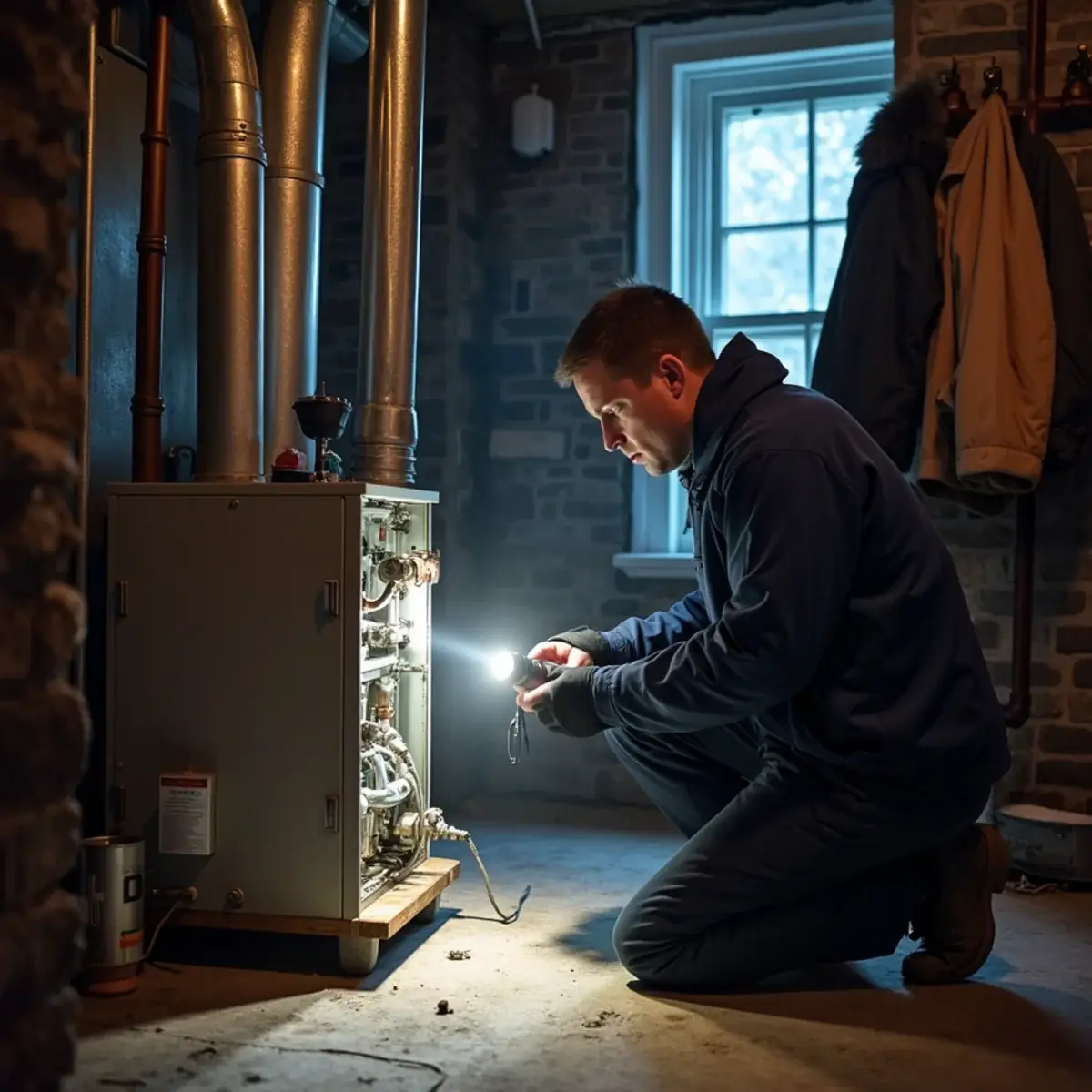 Furnace repair technician working on a gas furnace in a Burlington, NC home