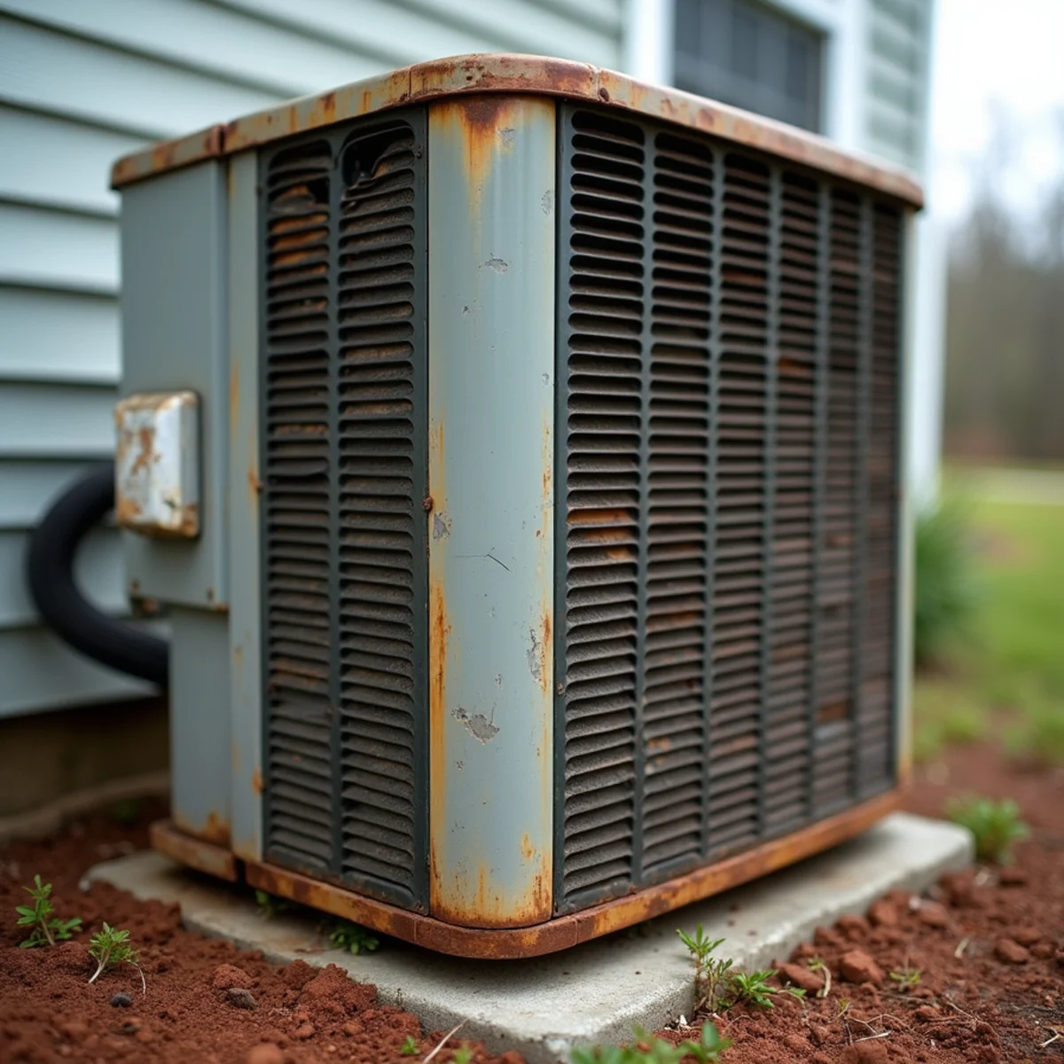 Aging R-22 air conditioner with rusted cabinet due for HVAC replacement in Burlington, NC