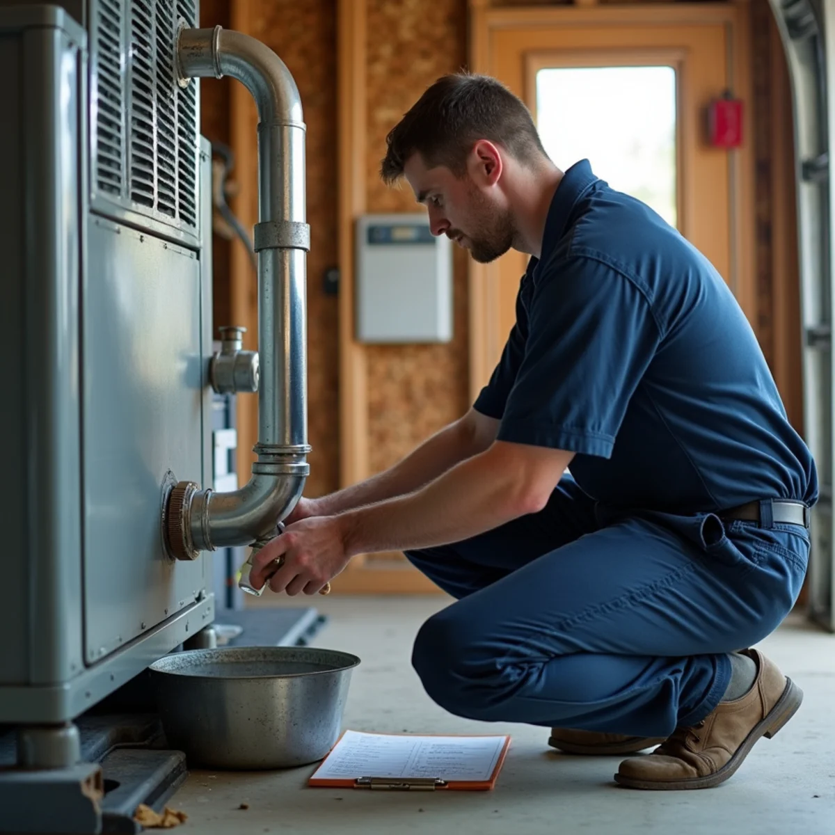 HVAC technician flushing a condensate drain line during a tune-up in Burlington, NC