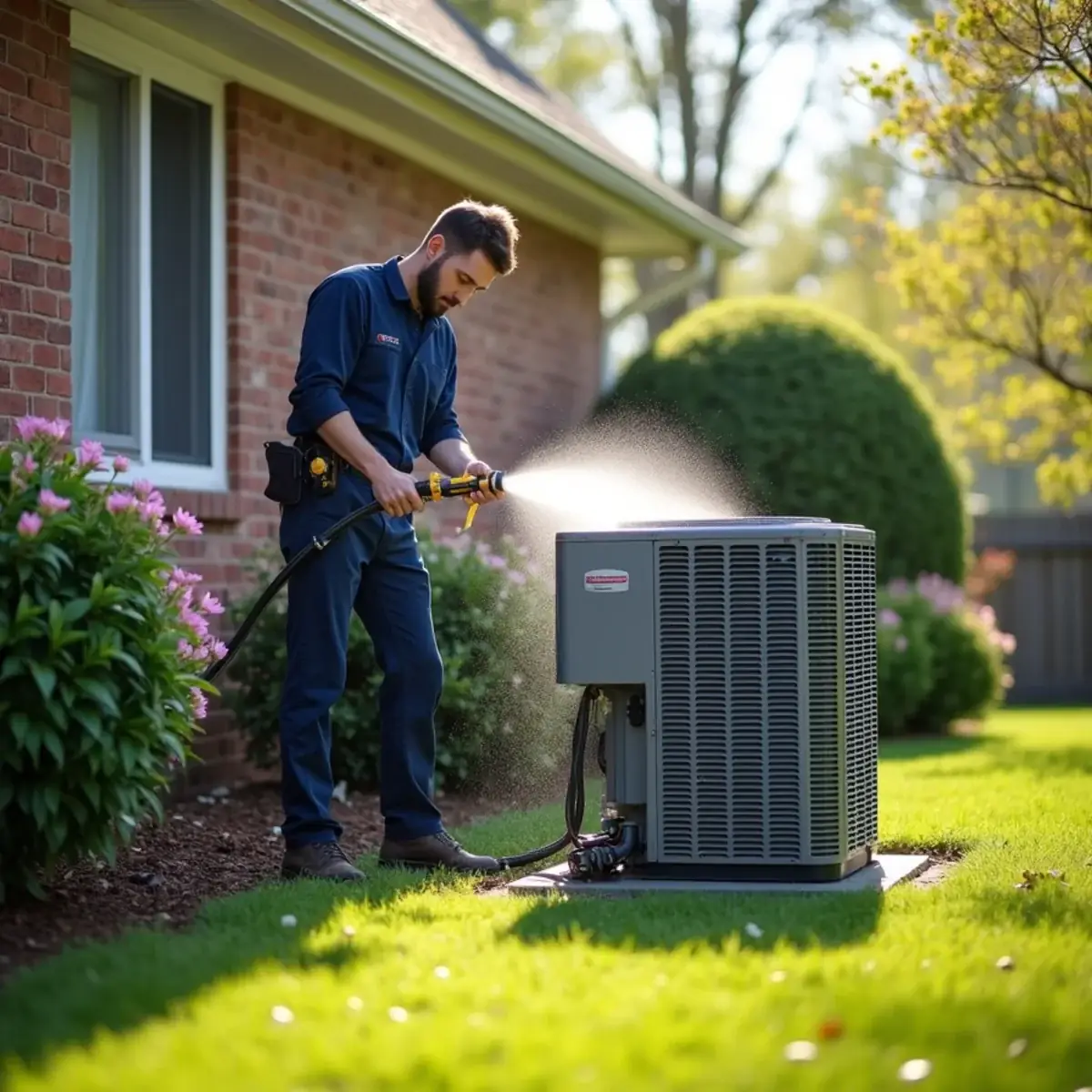 HVAC maintenance tune-up on an outdoor AC unit in Burlington, NC
