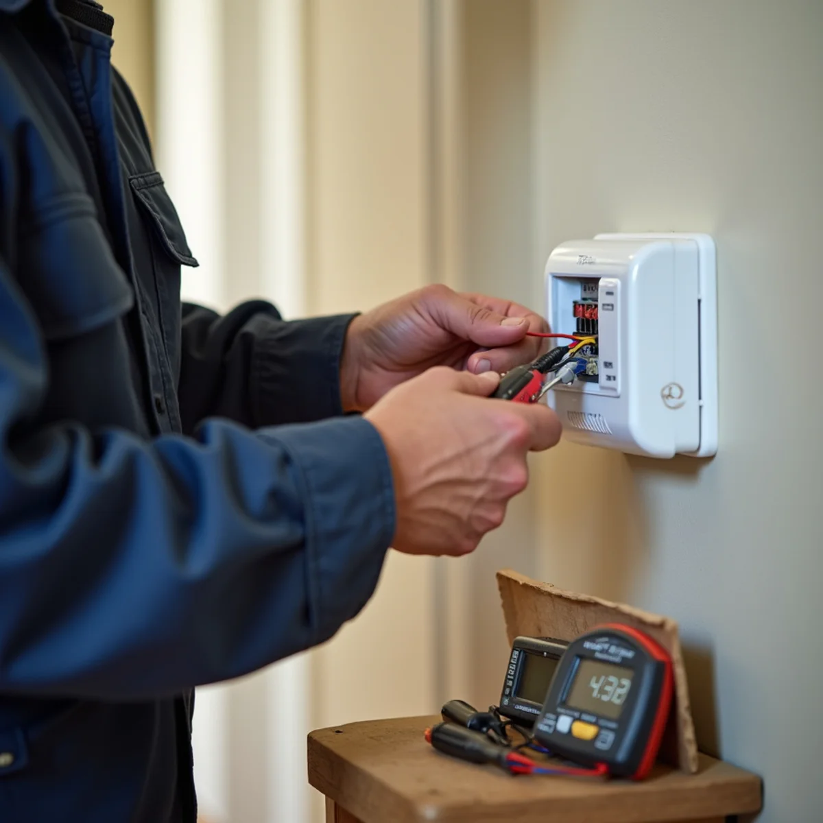 HVAC technician checking thermostat wiring on a same-day service call in Burlington, NC