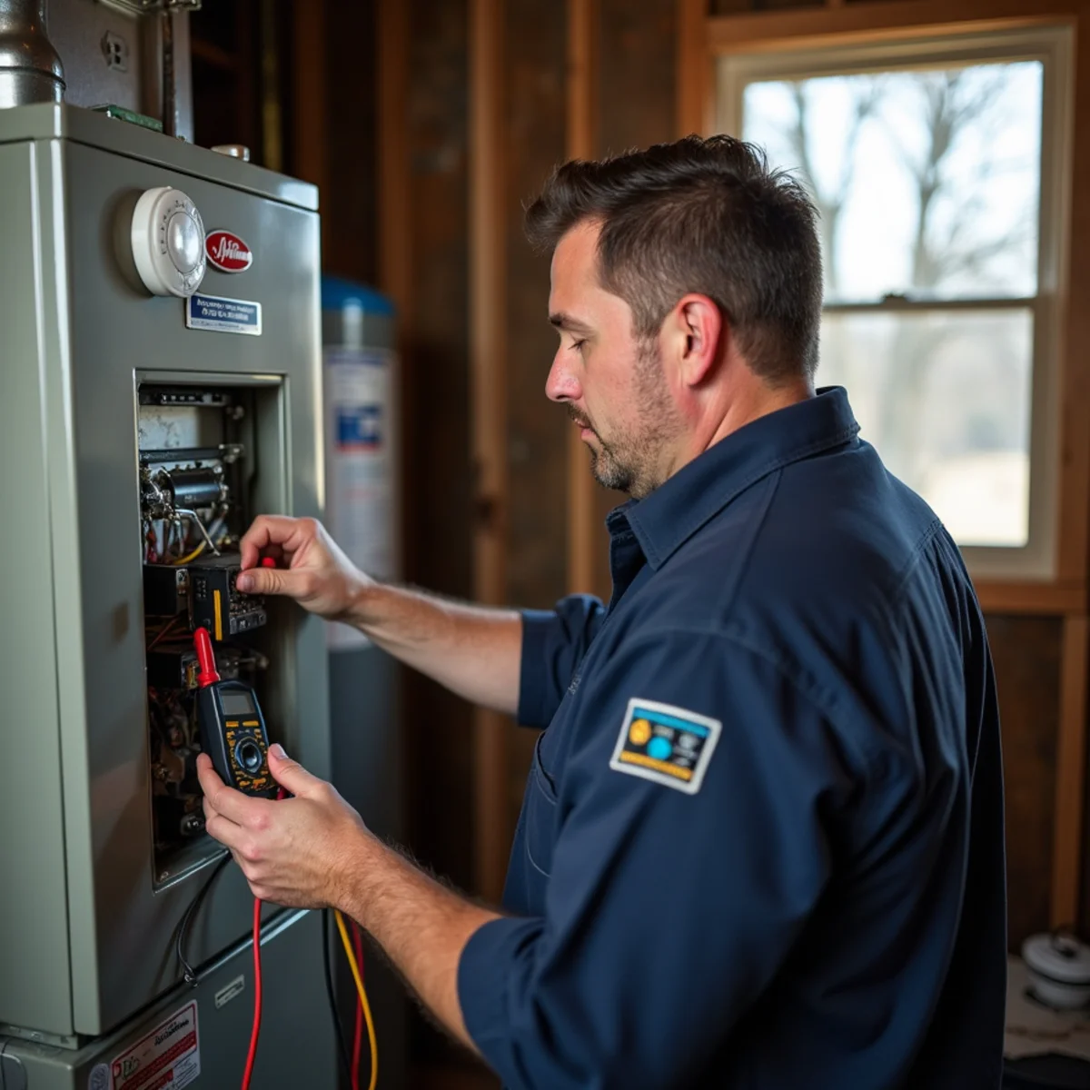 Technician adjusting dual-fuel balance point controls on a propane furnace in the Village of Alamance, NC