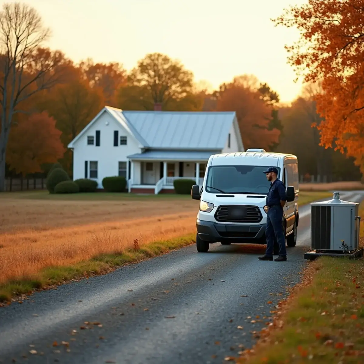 HVAC technician checking a dual-fuel heat pump outside a country home in the Village of Alamance, NC