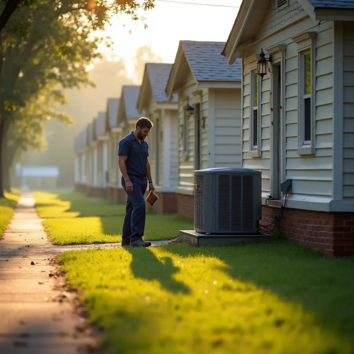 HVAC technician at a small one-story mill village house in Altamahaw, NC