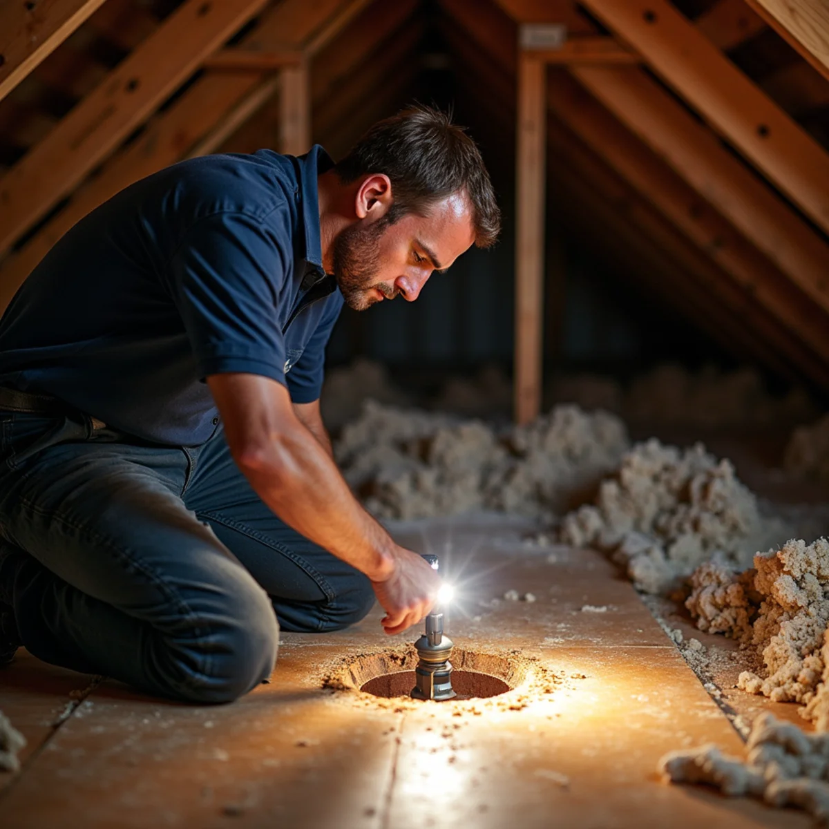 Technician checking a rusted secondary drain pan under an attic air handler in Archdale, NC