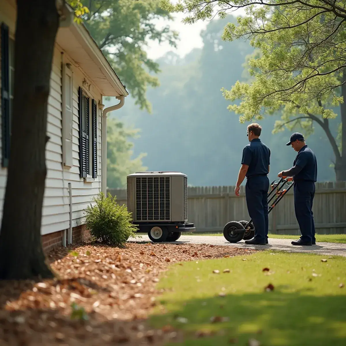 Technician replacing an older heat pump outside a vinyl-sided home in an Archdale, NC subdivision