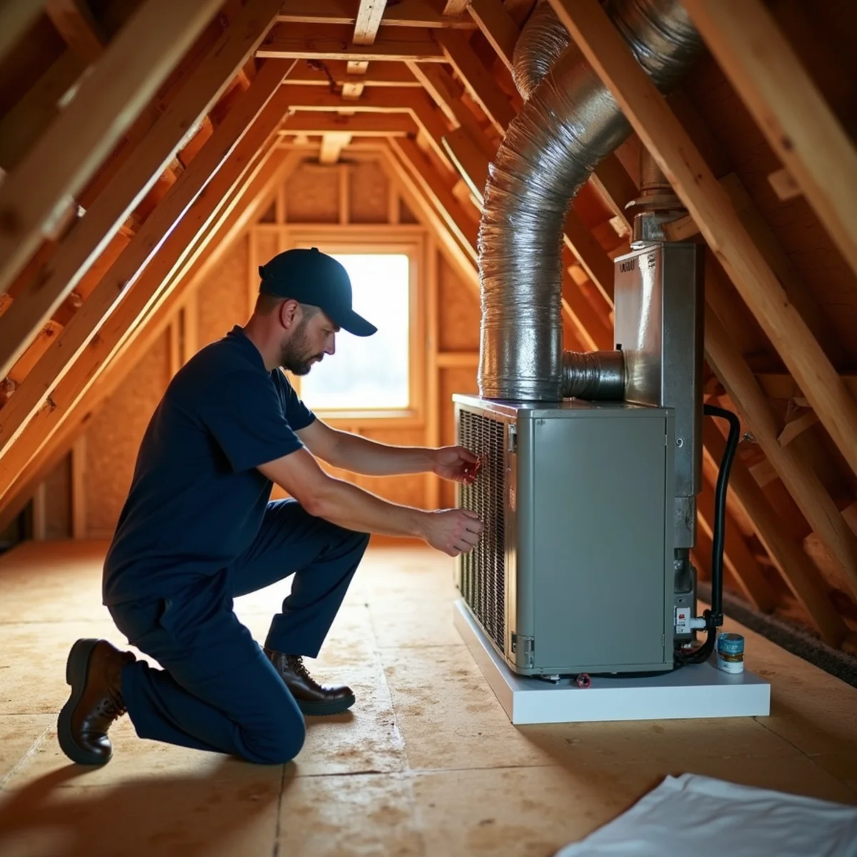 Technician clearing a clogged condensate line at an attic air handler in Chatham County, NC