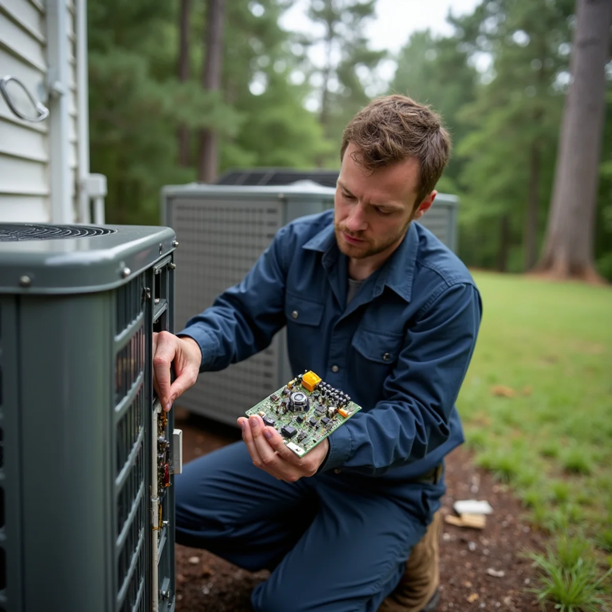 Technician replacing a storm-damaged control board on a heat pump in Creedmoor, NC