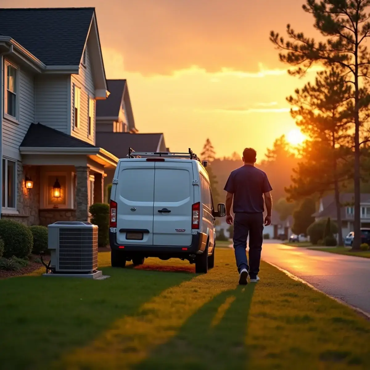HVAC technician arriving to service a heat pump at a two-story home in Creedmoor, NC