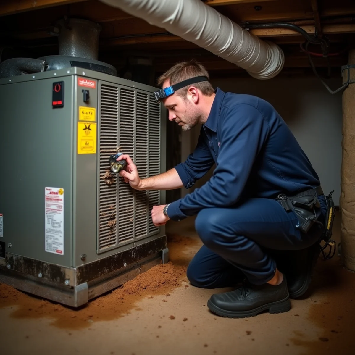 Technician inspecting a flood-stained air handler in a crawlspace in Eden, NC