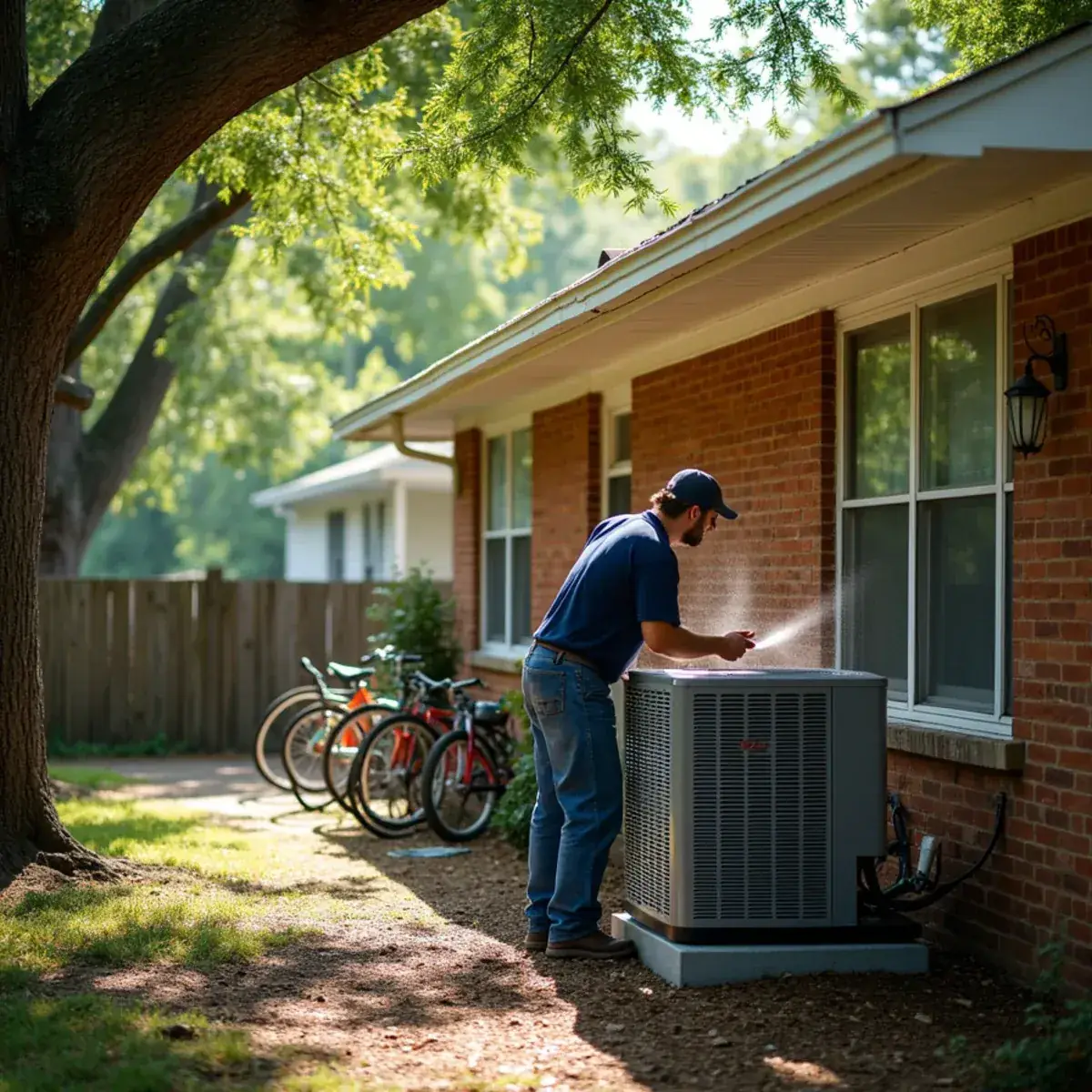 HVAC technician cleaning an AC condenser behind a brick rental home under oak trees in Elon, NC