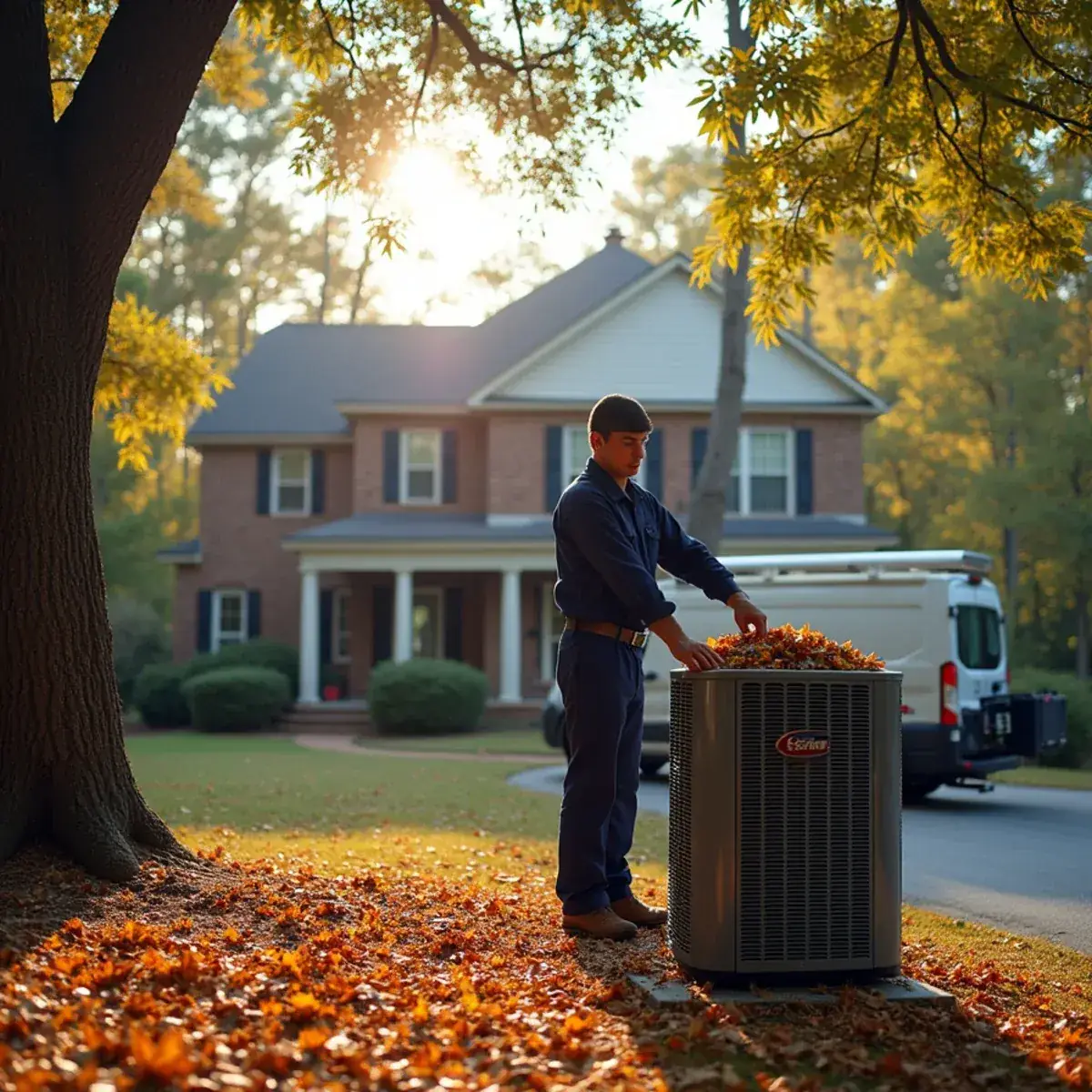 HVAC technician at a large two-story home under tall oaks in Forest Oaks, NC