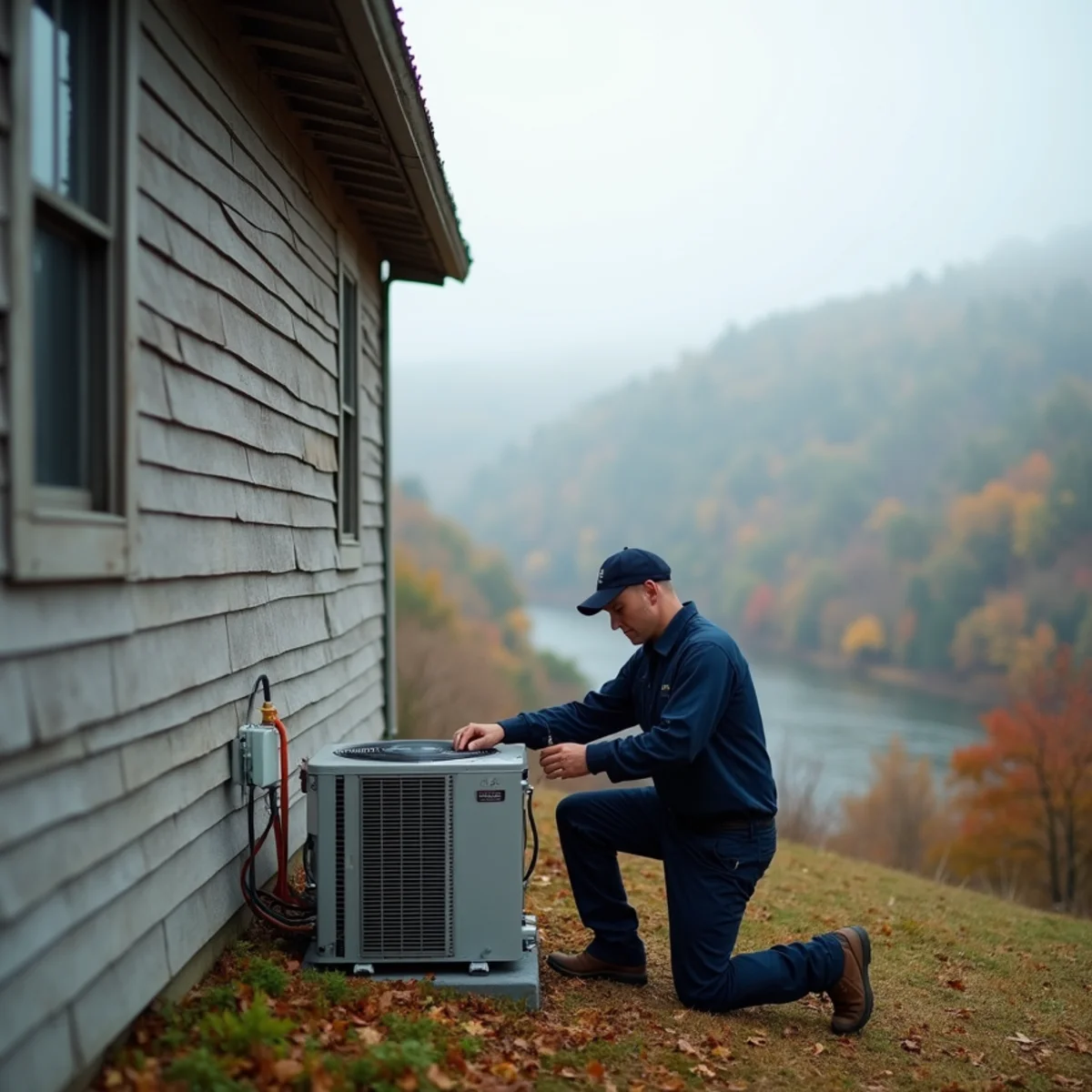 Technician installing a ductless mini-split at a restored mill house in Franklinville, NC