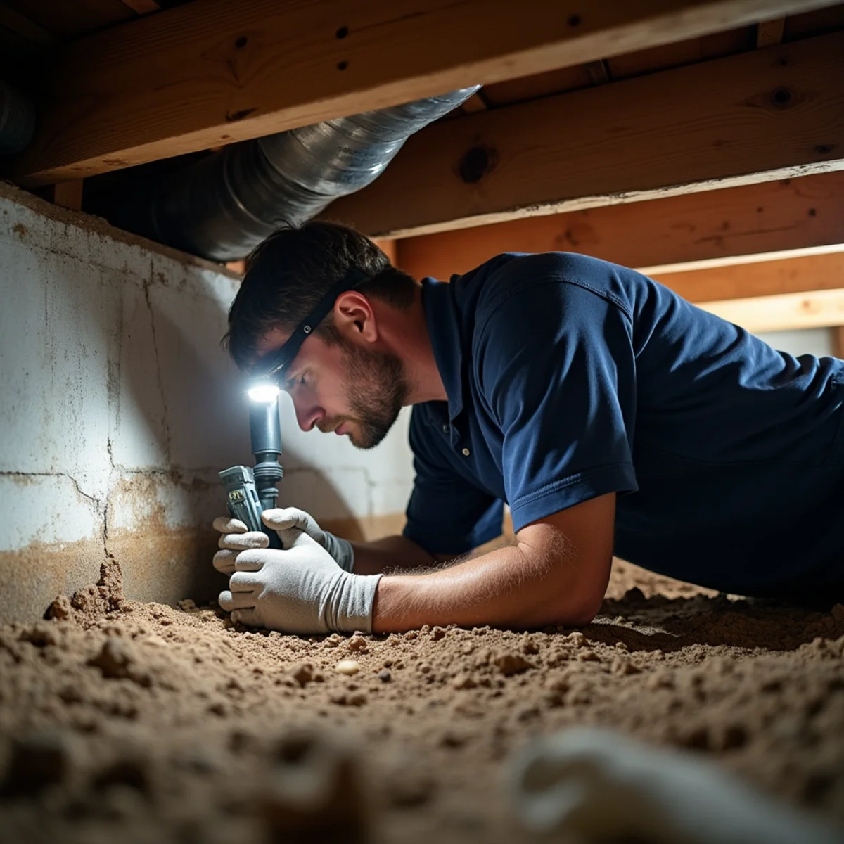 Technician reattaching a disconnected flex duct branch in an 18-inch crawlspace under an older home in Graham, NC