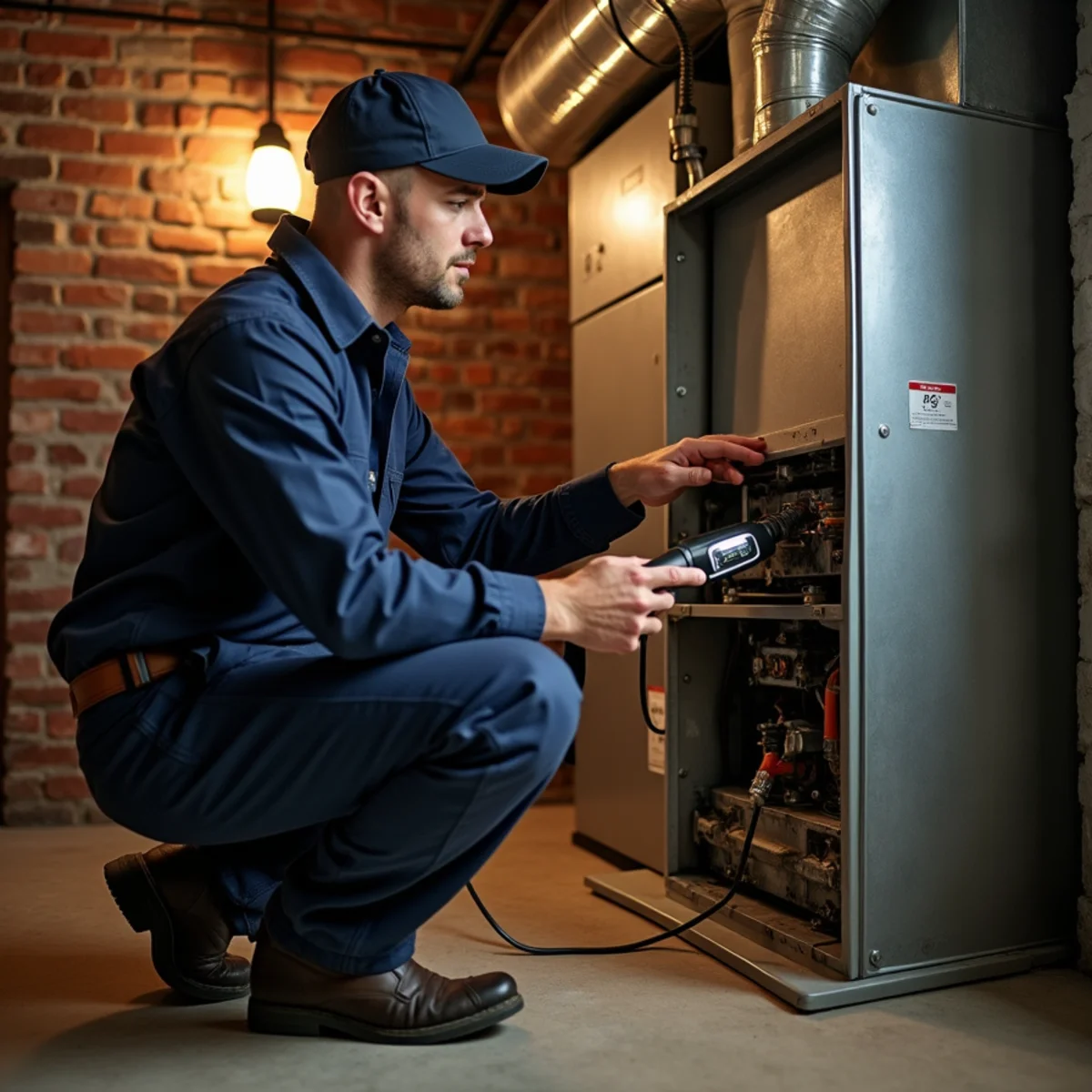 Technician checking an aging gas furnace in a postwar brick ranch in Guilford County, NC