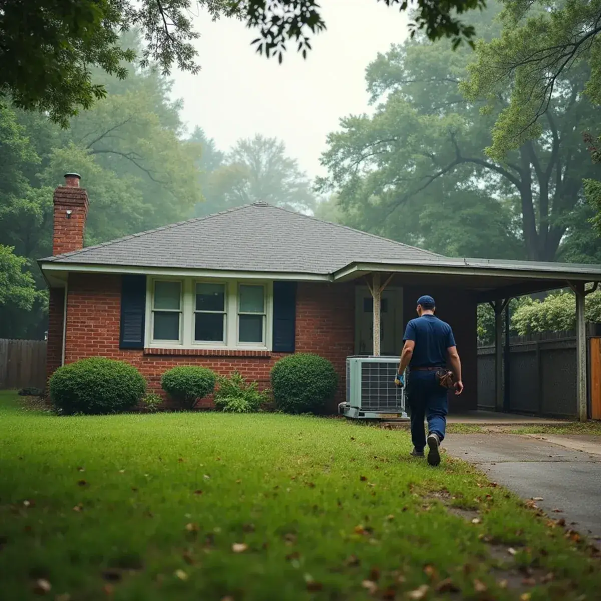 HVAC technician carrying new ductwork to a brick ranch house in Lexington, NC
