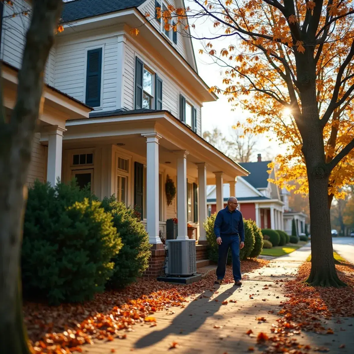 Technician placing an AC condenser discreetly beside a historic home in Madison, NC