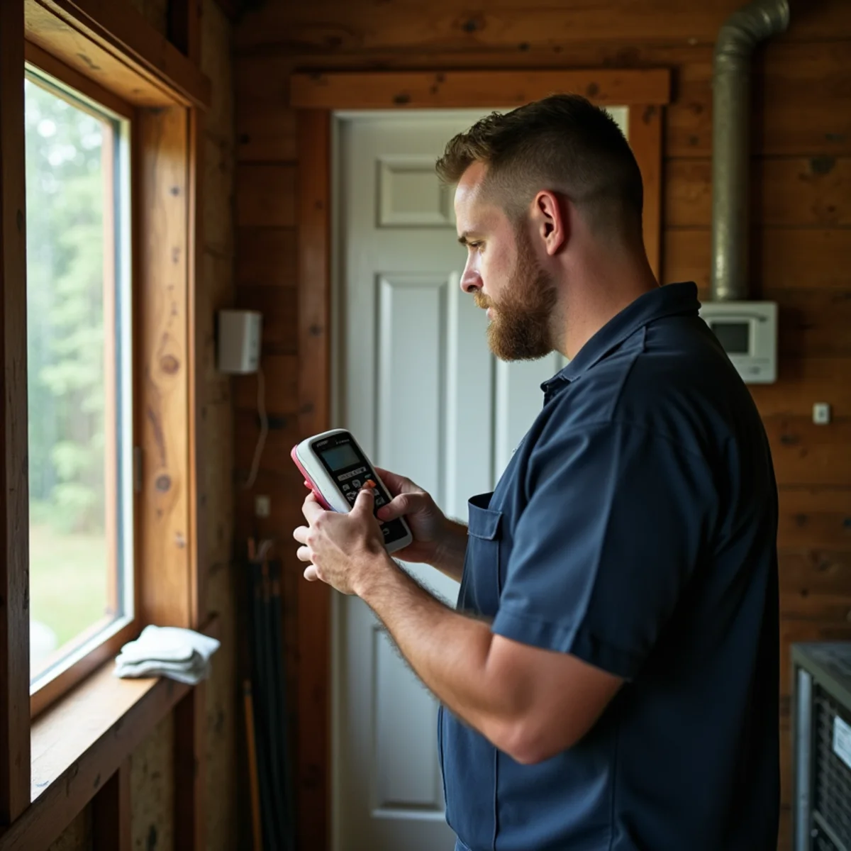 Technician checking humidity and thermostat placement inside a small mill house in Mayodan, NC