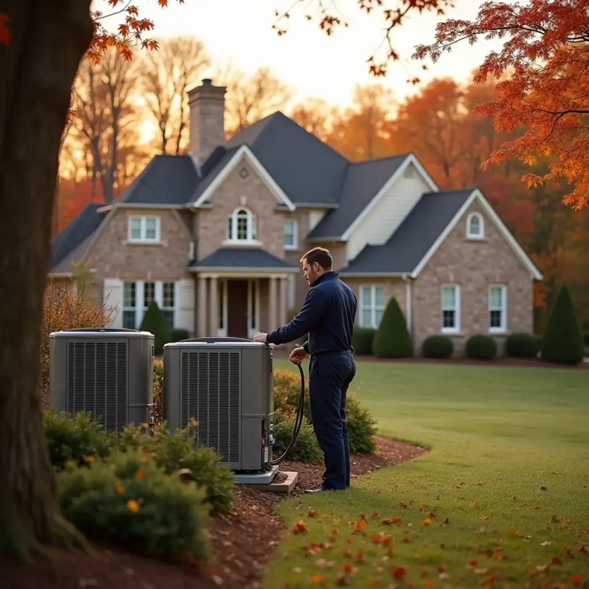 HVAC technician servicing twin heat pumps beside a large custom home in Oak Ridge, NC