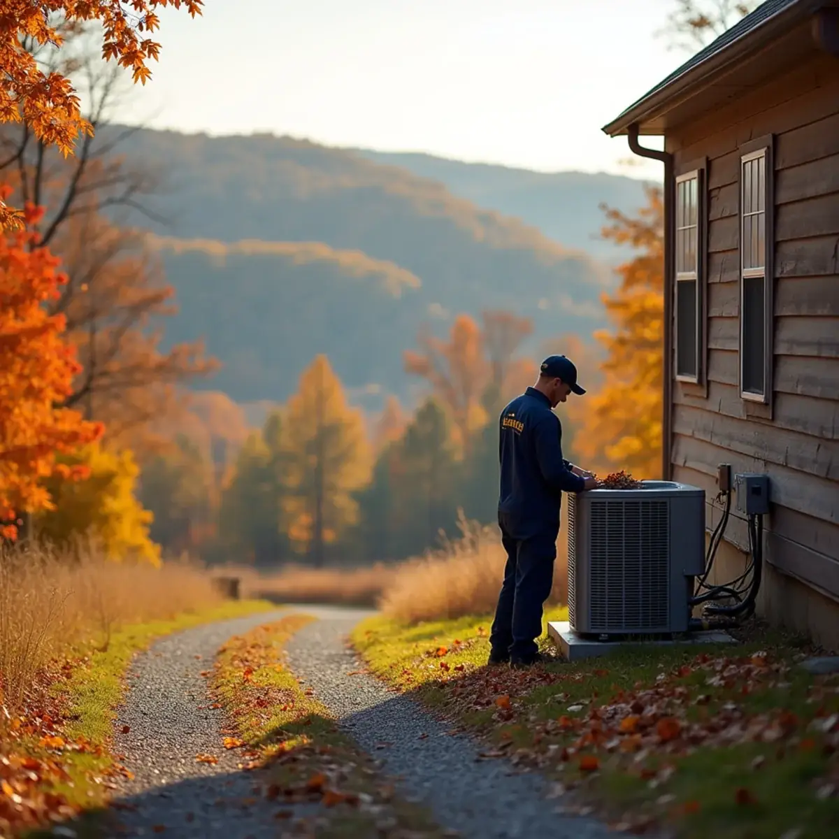 HVAC technician servicing a heat pump at a wooded rural home in Orange County, NC