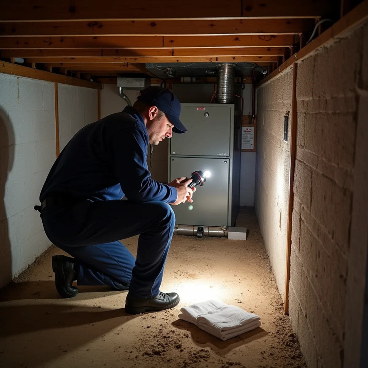 Technician removing an old oil furnace during a heat pump conversion in Ossipee, NC