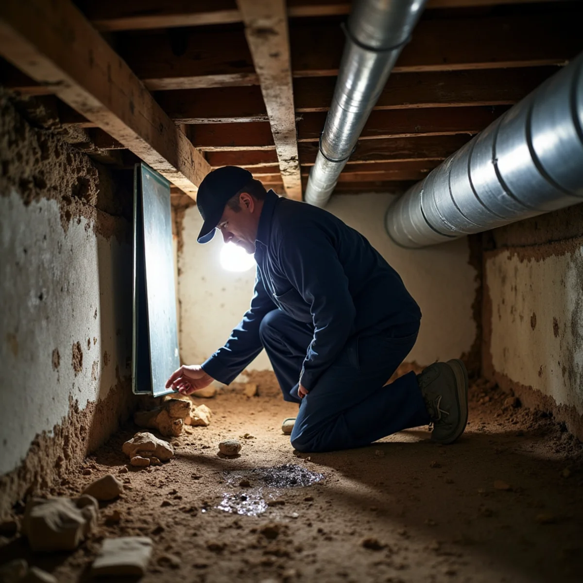 Technician rehanging sagging ductwork under a mill house in Rockingham County, NC