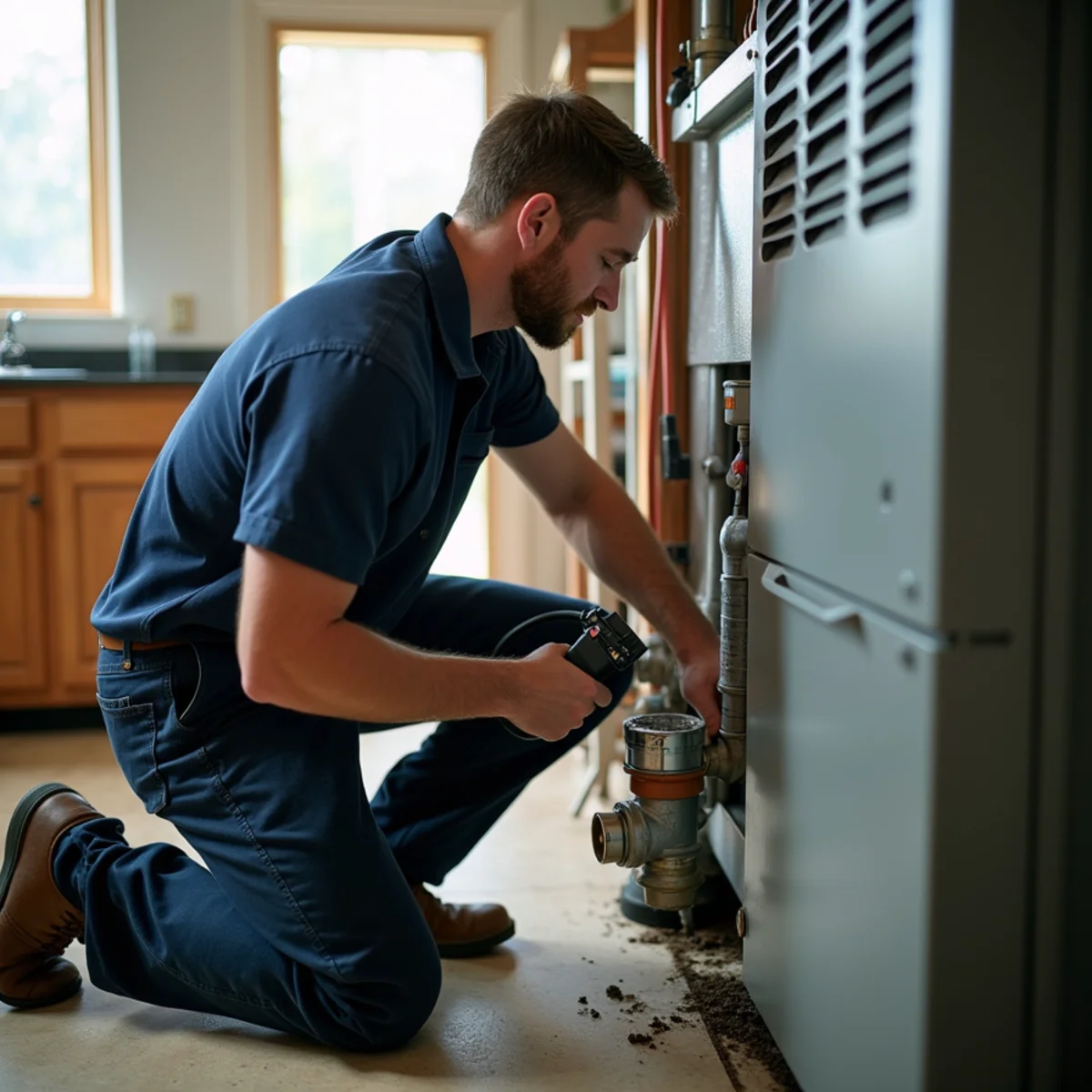 Technician clearing an algae-clogged drain line on an air handler at a lake house near Roxboro, NC