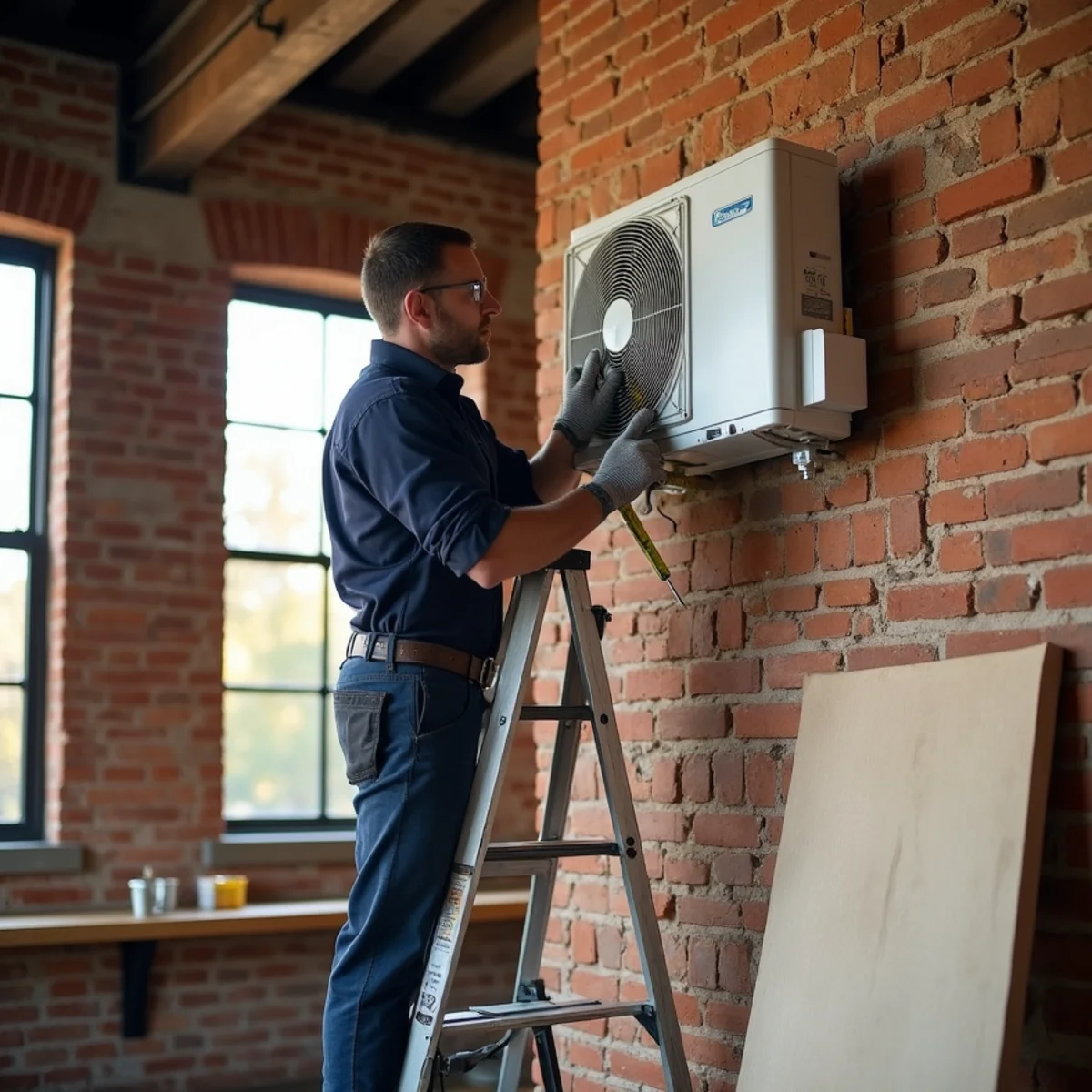 Ductless mini-split head on an exposed brick wall in a converted mill loft in Saxapahaw, NC