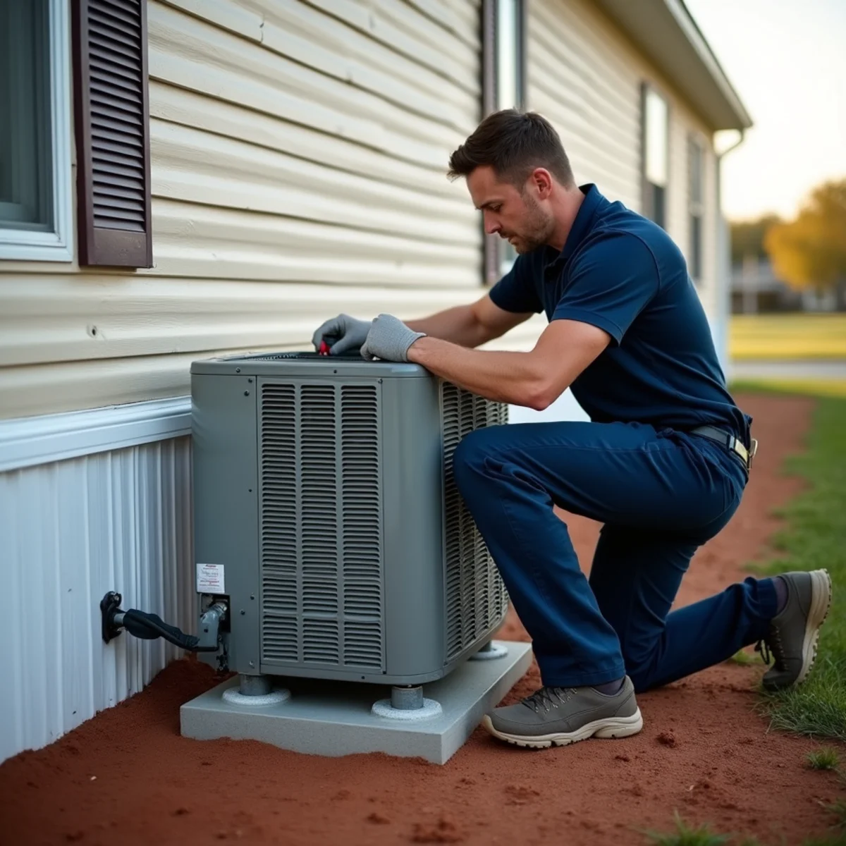 Packaged heat pump on settled blocks beside a manufactured home in Siler City, NC