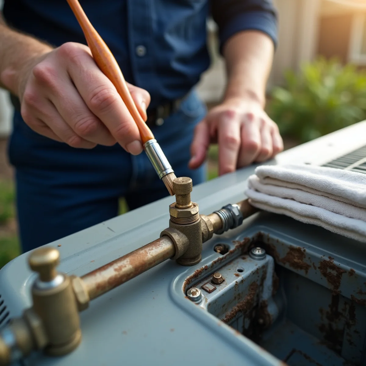 Technician leak-testing refrigerant joints on an older AC system in Stoneville, NC