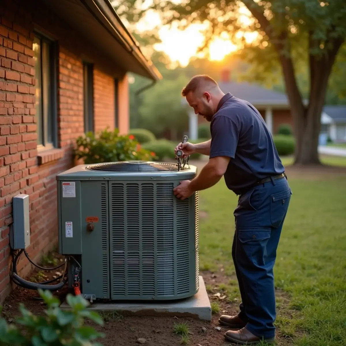 Technician testing an older split-system AC condenser beside a brick home in Stoneville, NC