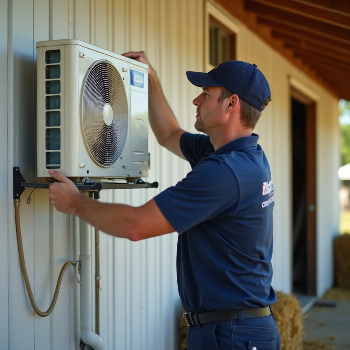 Technician mounting a ductless mini-split outdoor unit beside a horse barn in Summerfield, NC