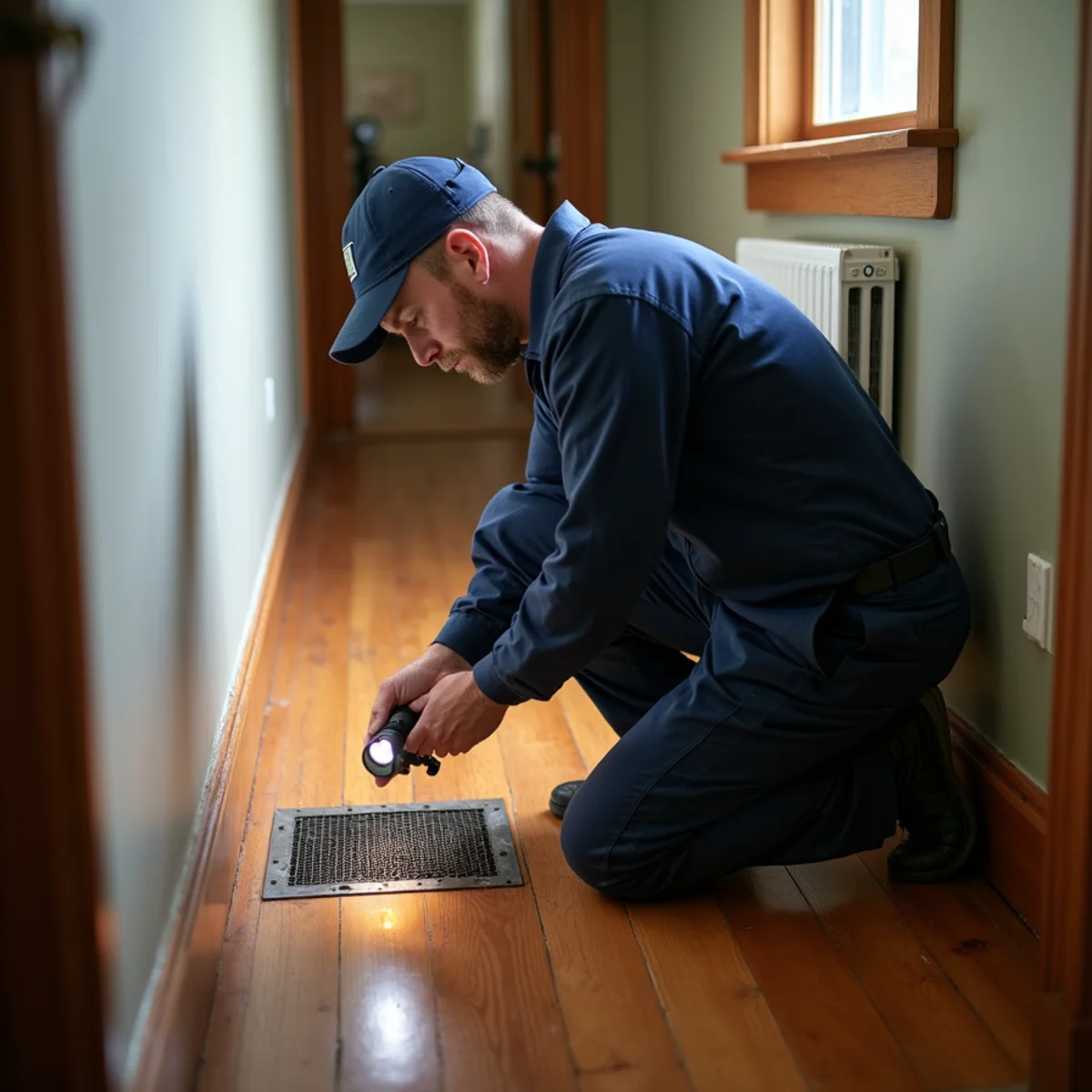 Technician inspecting an old floor furnace grate in a mill-era home in Thomasville, NC