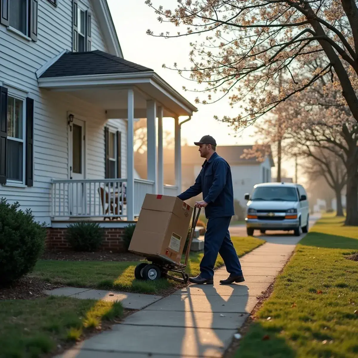 Technician carrying a new gas furnace toward an older frame home in Thomasville, NC